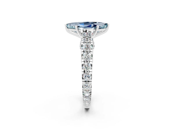 White gold Marquise Cut Aquamarine Classic Solitaire Ring with Pavé Band and Four-Prong Setting