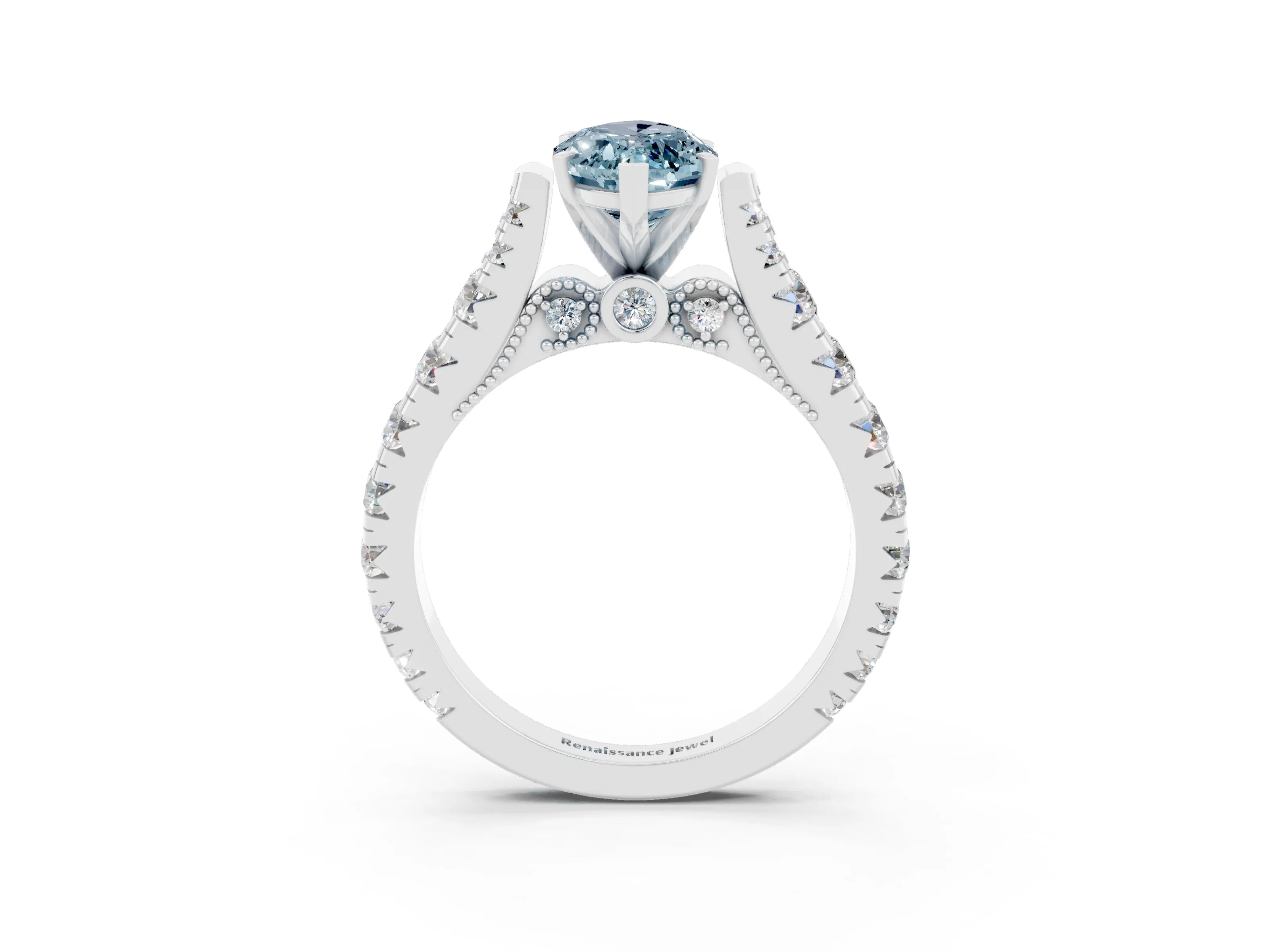 White gold Marquise Cut Aquamarine Classic Solitaire Ring with Pavé Band and Four-Prong Setting_3