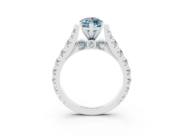 White gold Marquise Cut Aquamarine Classic Solitaire Ring with Pavé Band and Four-Prong Setting