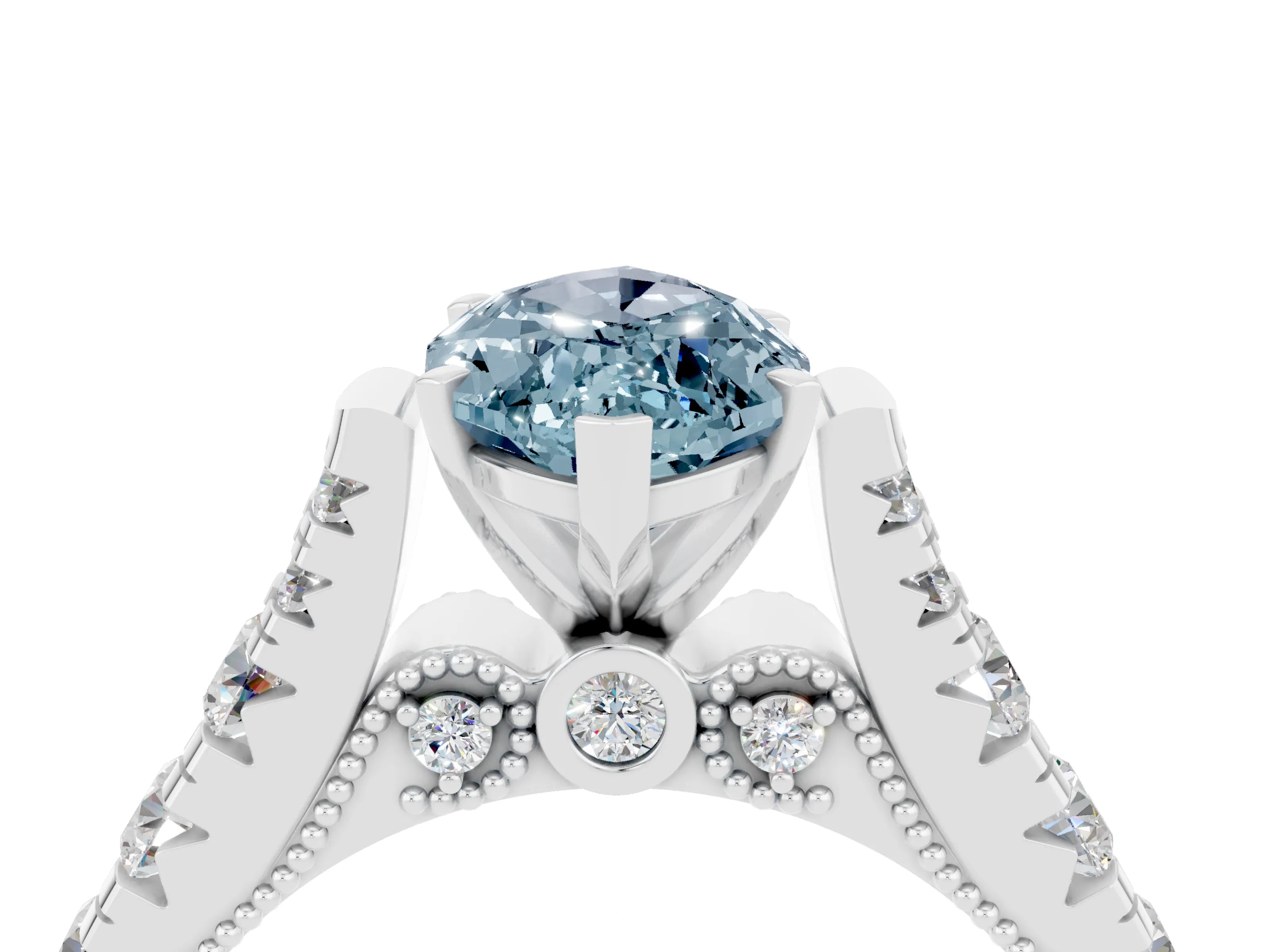 White gold Marquise Cut Aquamarine Classic Solitaire Ring with Pavé Band and Four-Prong Setting_4