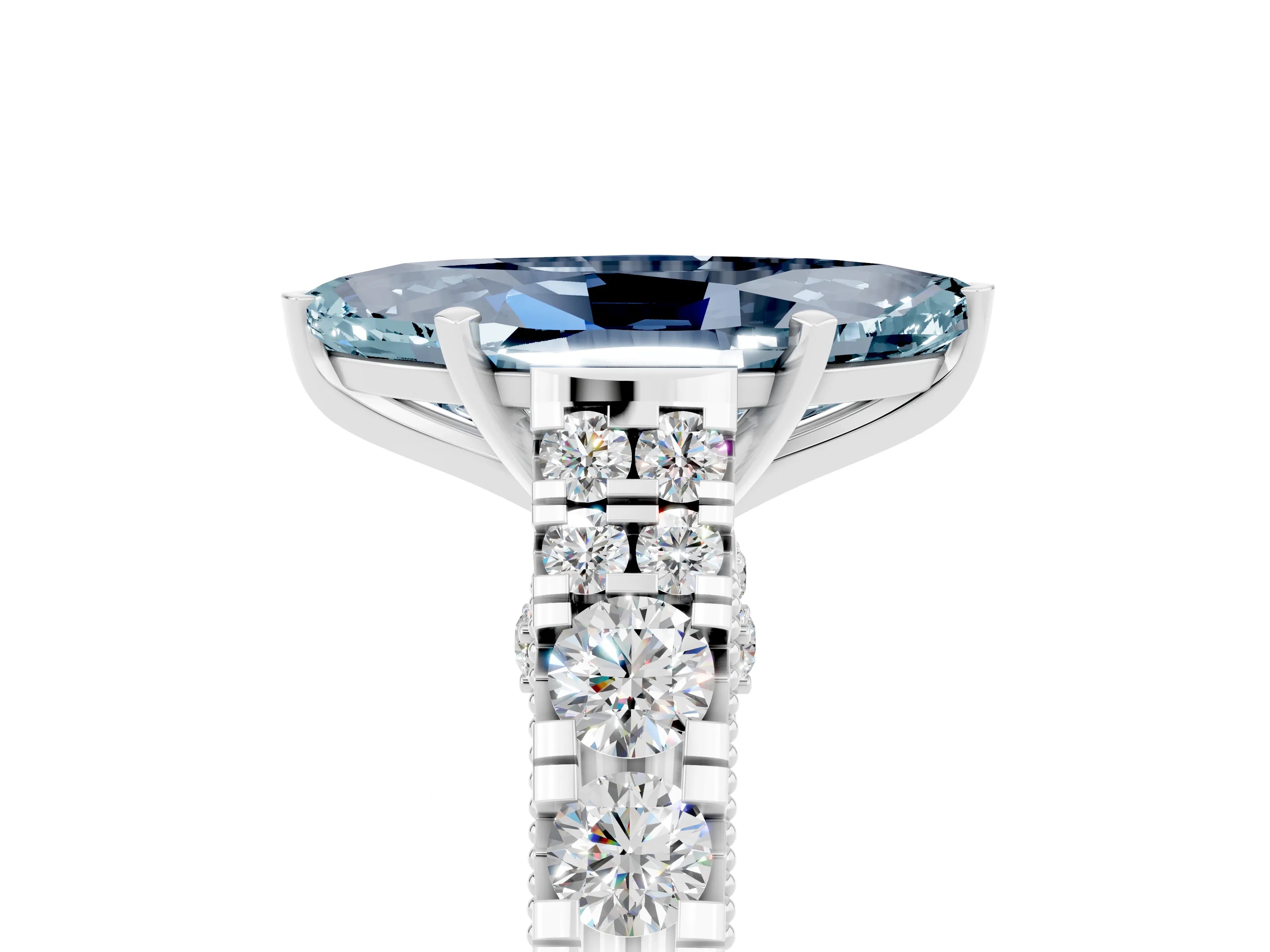 White gold Marquise Cut Aquamarine Classic Solitaire Ring with Pavé Band and Four-Prong Setting_5