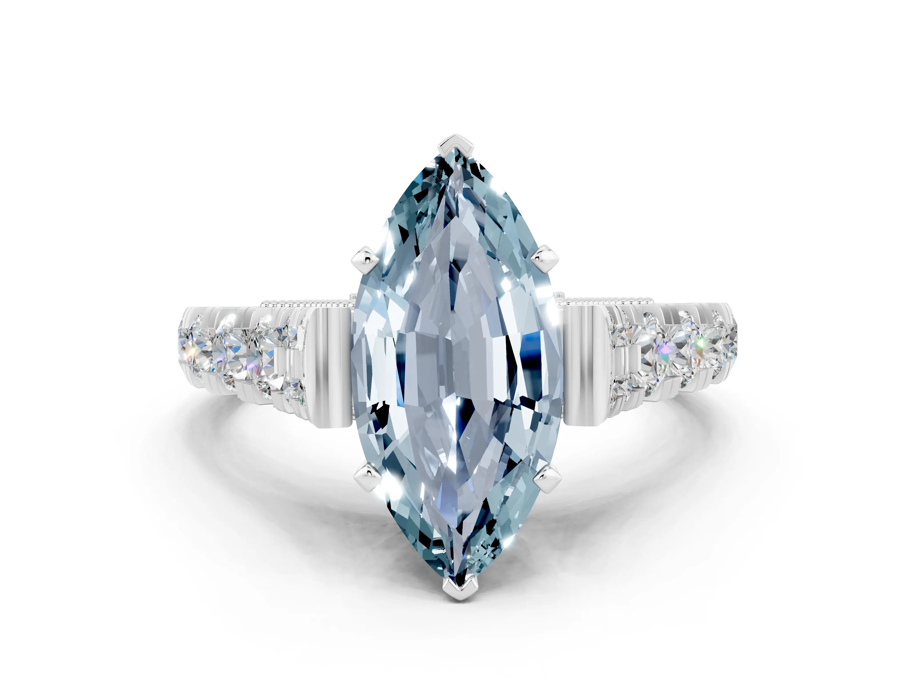 White gold Marquise Cut Aquamarine Classic Solitaire Ring with Pavé Band and Four-Prong Setting