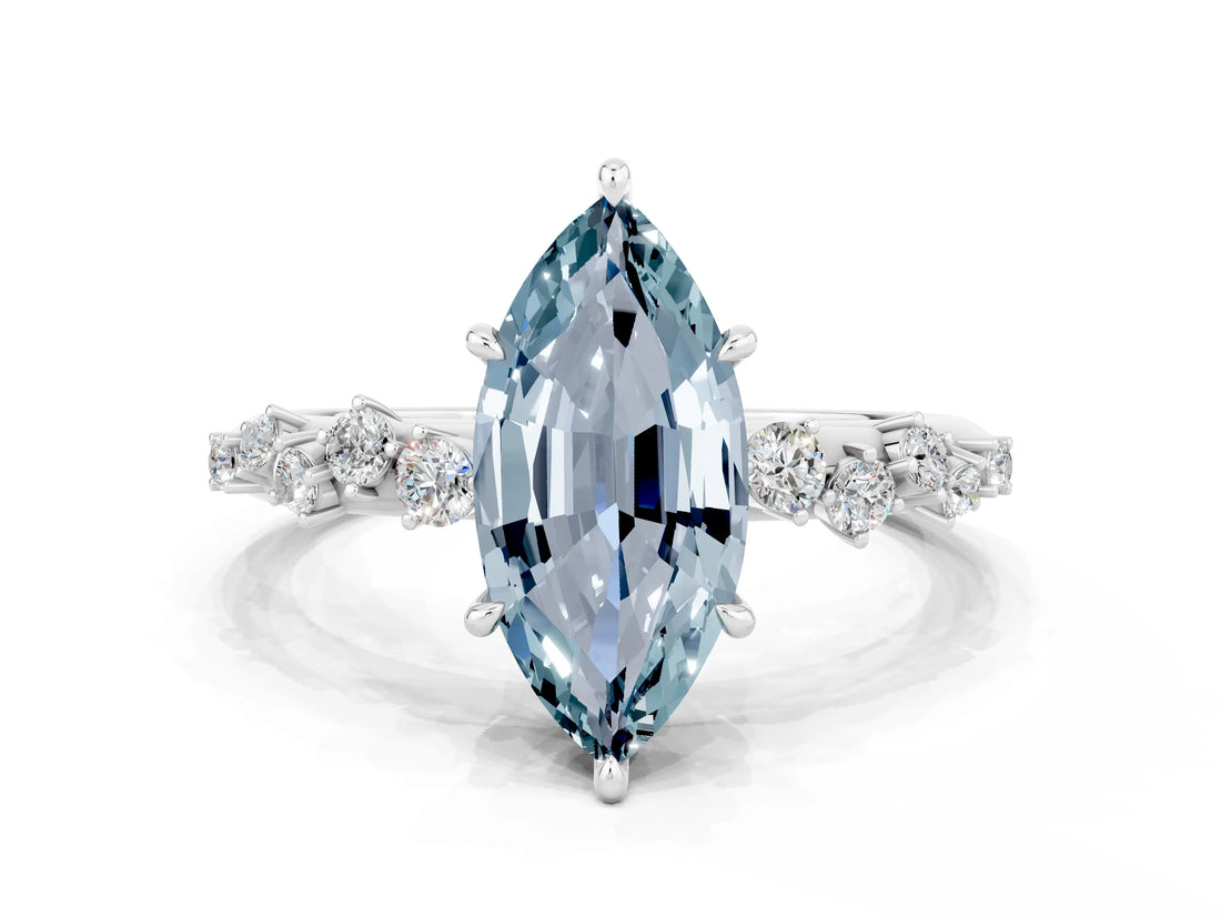White gold Marquise Cut Aquamarine Cluster Side Stone Solitaire Ring with Prong Setting_24