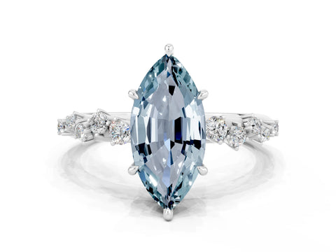 White gold Marquise Cut Aquamarine Cluster Side Stone Solitaire Ring with Prong Setting_24