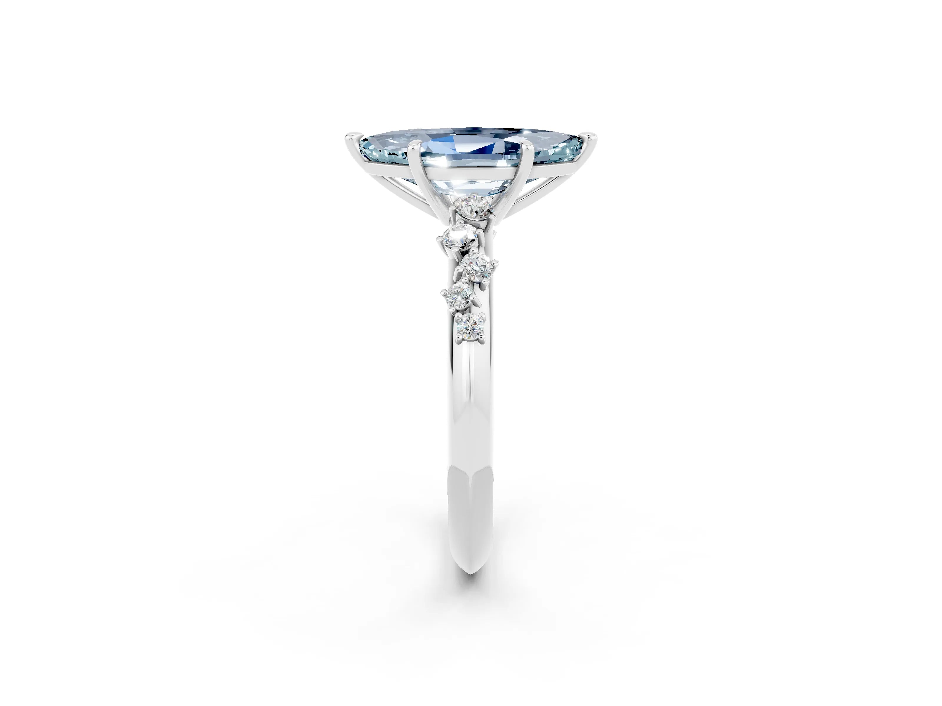 White gold Marquise Cut Aquamarine Cluster Side Stone Solitaire Ring with Prong Setting_26