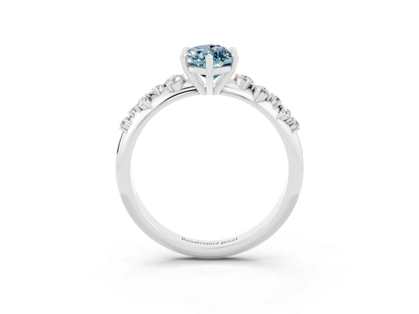 Silver Marquise Cut Aquamarine Cluster Side Stone Solitaire Ring with Prong Setting