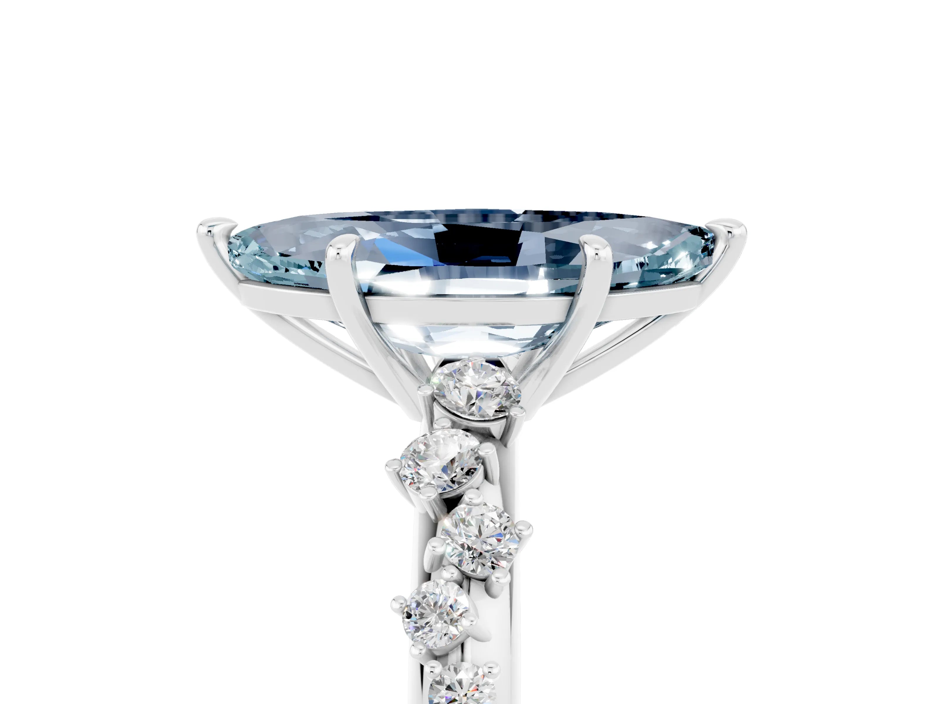 White gold Marquise Cut Aquamarine Cluster Side Stone Solitaire Ring with Prong Setting_29