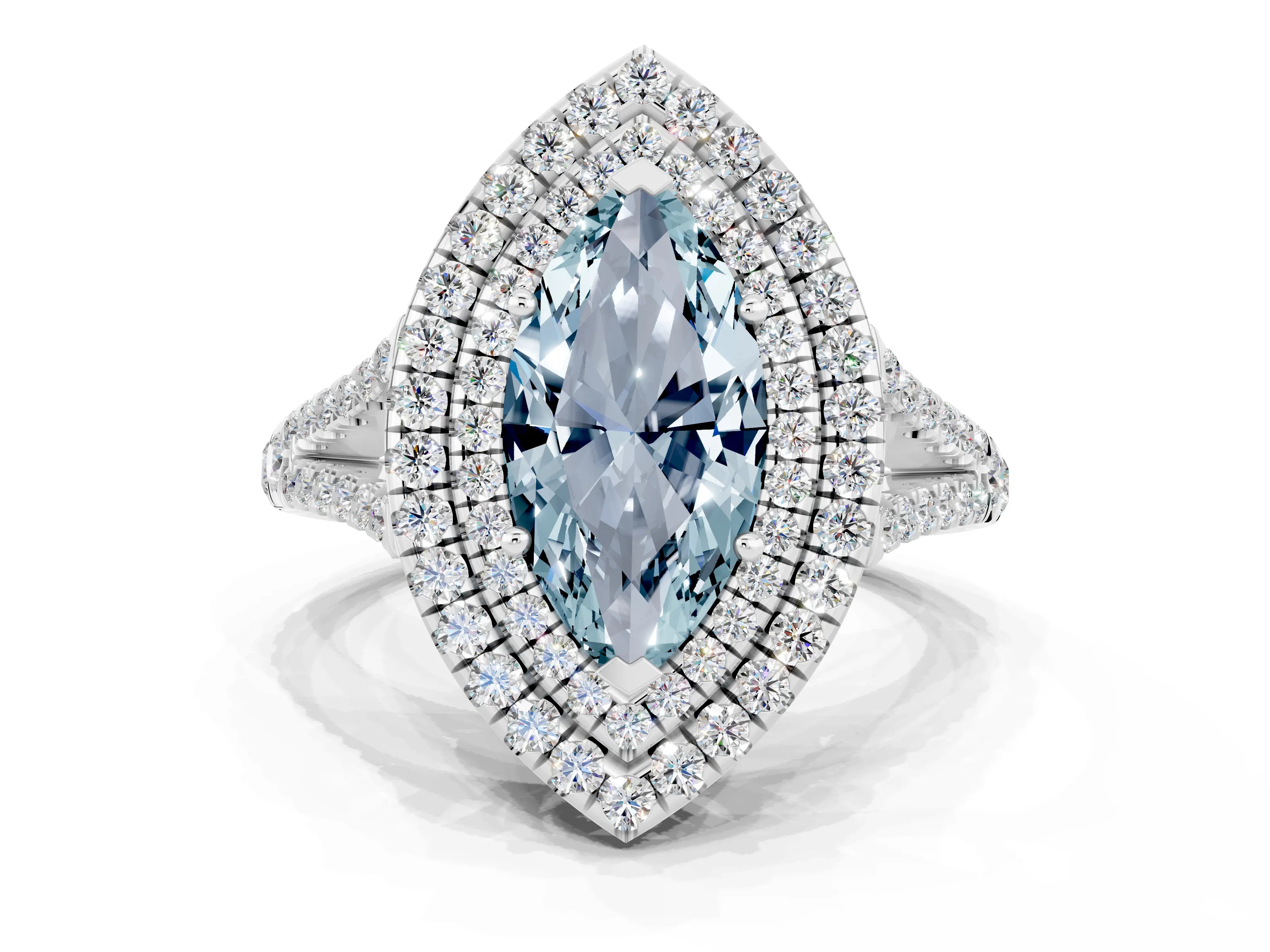 White gold Marquise Cut Aquamarine Double Halo Ring with Pavé Band and Prong Setting_12
