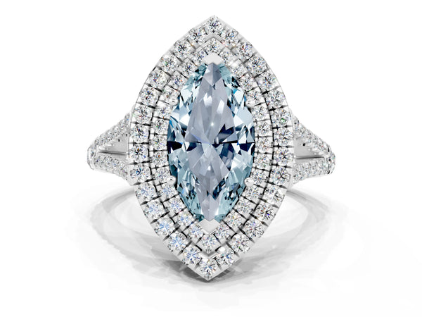 White gold Marquise Cut Aquamarine Double Halo Ring with Pavé Band and Prong Setting