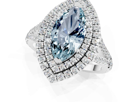 White gold Marquise Cut Aquamarine Double Halo Ring with Pavé Band and Prong Setting_13