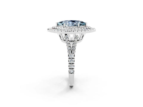 White gold Marquise Cut Aquamarine Double Halo Ring with Pavé Band and Prong Setting_14