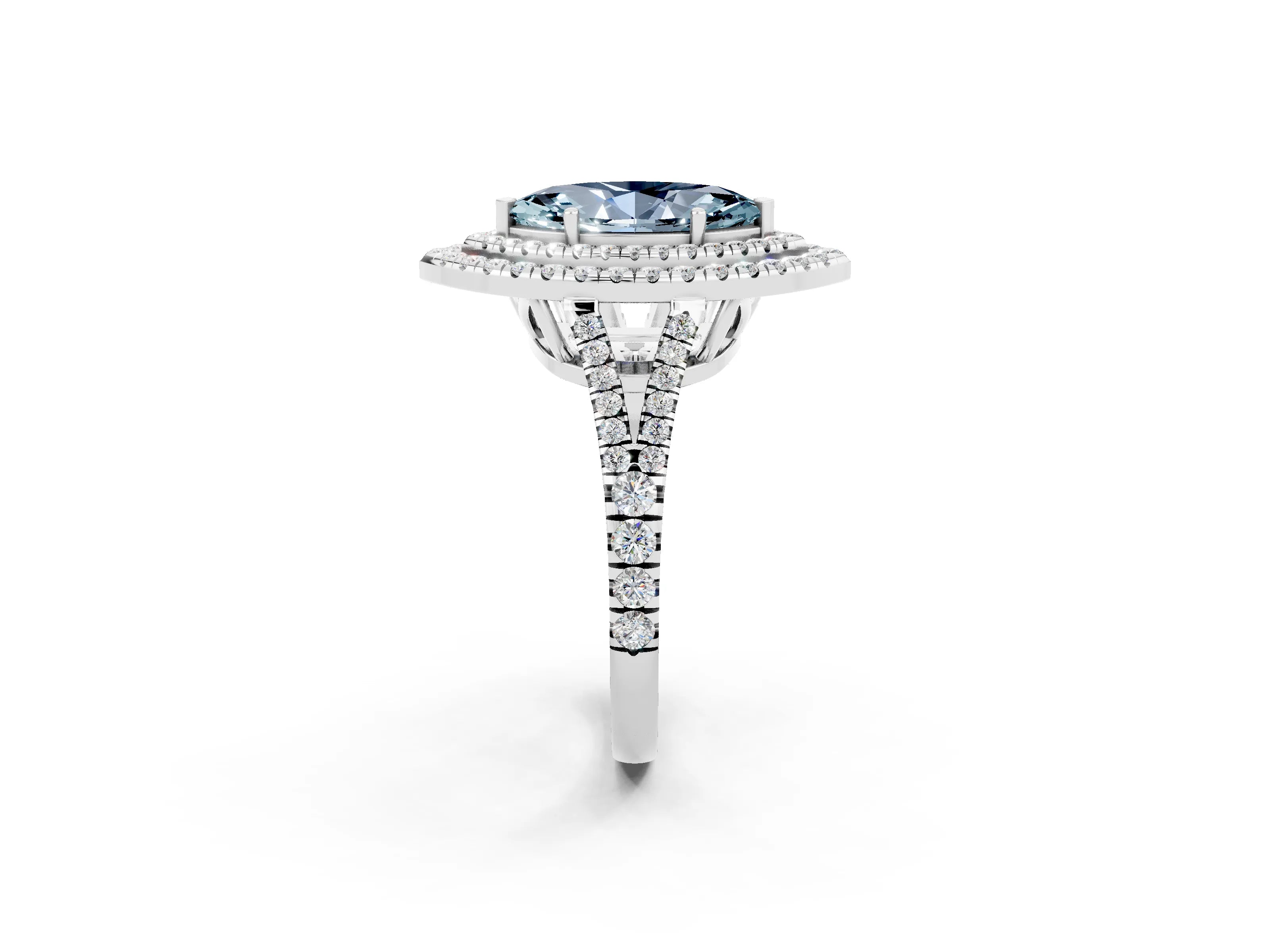 White gold Marquise Cut Aquamarine Double Halo Ring with Pavé Band and Prong Setting_14
