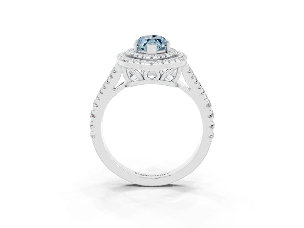 White gold Marquise Cut Aquamarine Double Halo Ring with Pavé Band and Prong Setting