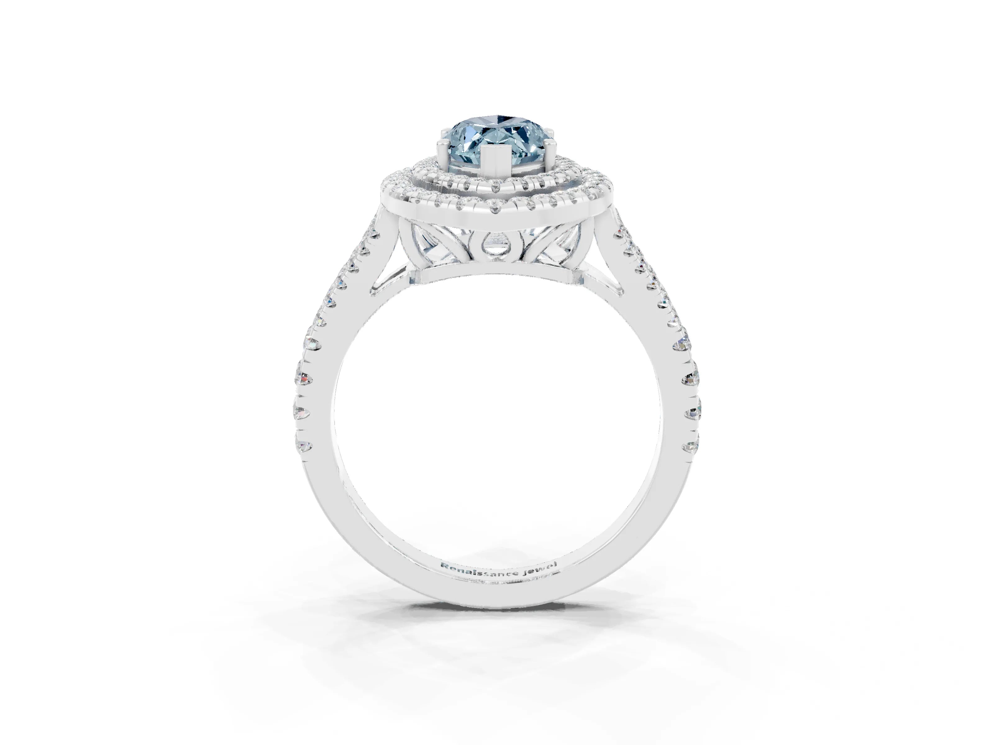 White gold Marquise Cut Aquamarine Double Halo Ring with Pavé Band and Prong Setting_15