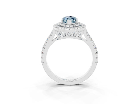 White gold Marquise Cut Aquamarine Double Halo Ring with Pavé Band and Prong Setting_15