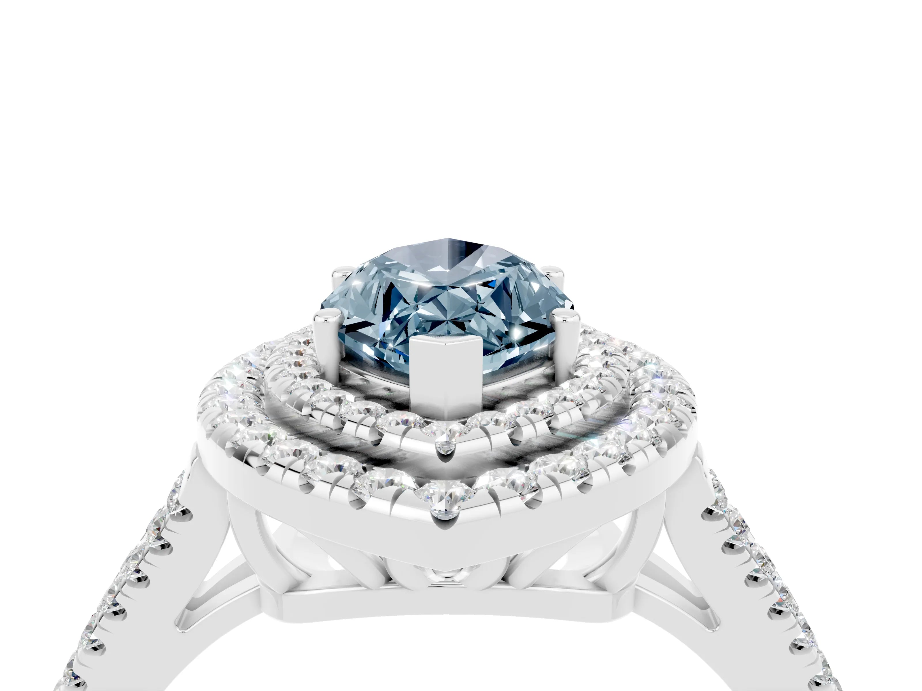 White gold Marquise Cut Aquamarine Double Halo Ring with Pavé Band and Prong Setting_16