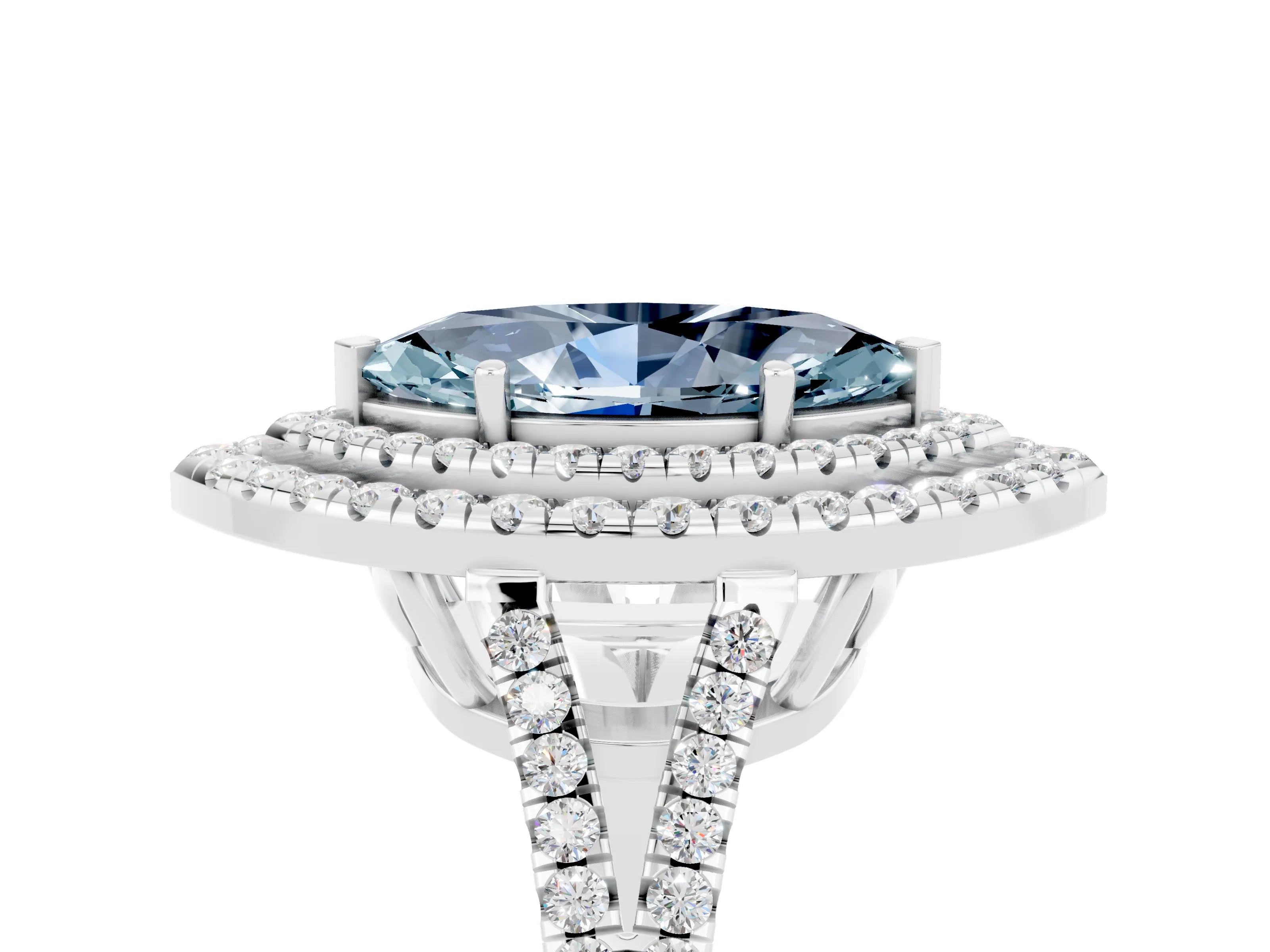 White gold Marquise Cut Aquamarine Double Halo Ring with Pavé Band and Prong Setting_17
