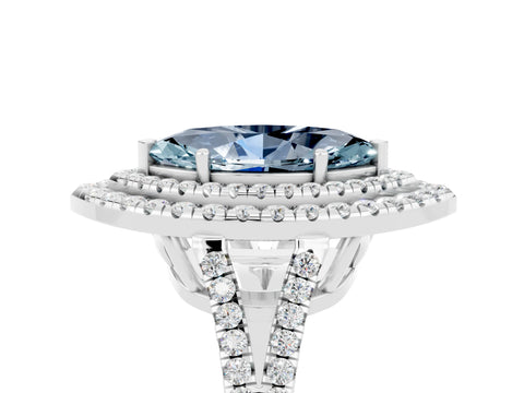 White gold Marquise Cut Aquamarine Double Halo Ring with Pavé Band and Prong Setting_17