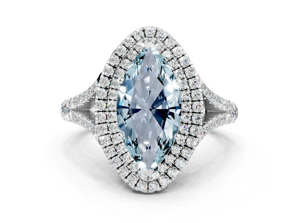 Silver Marquise Cut Aquamarine Double Halo Ring with Split Shank and Prong Setting