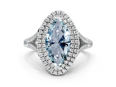 White gold Marquise Cut Aquamarine Double Halo Ring with Split Shank and Prong Setting_10