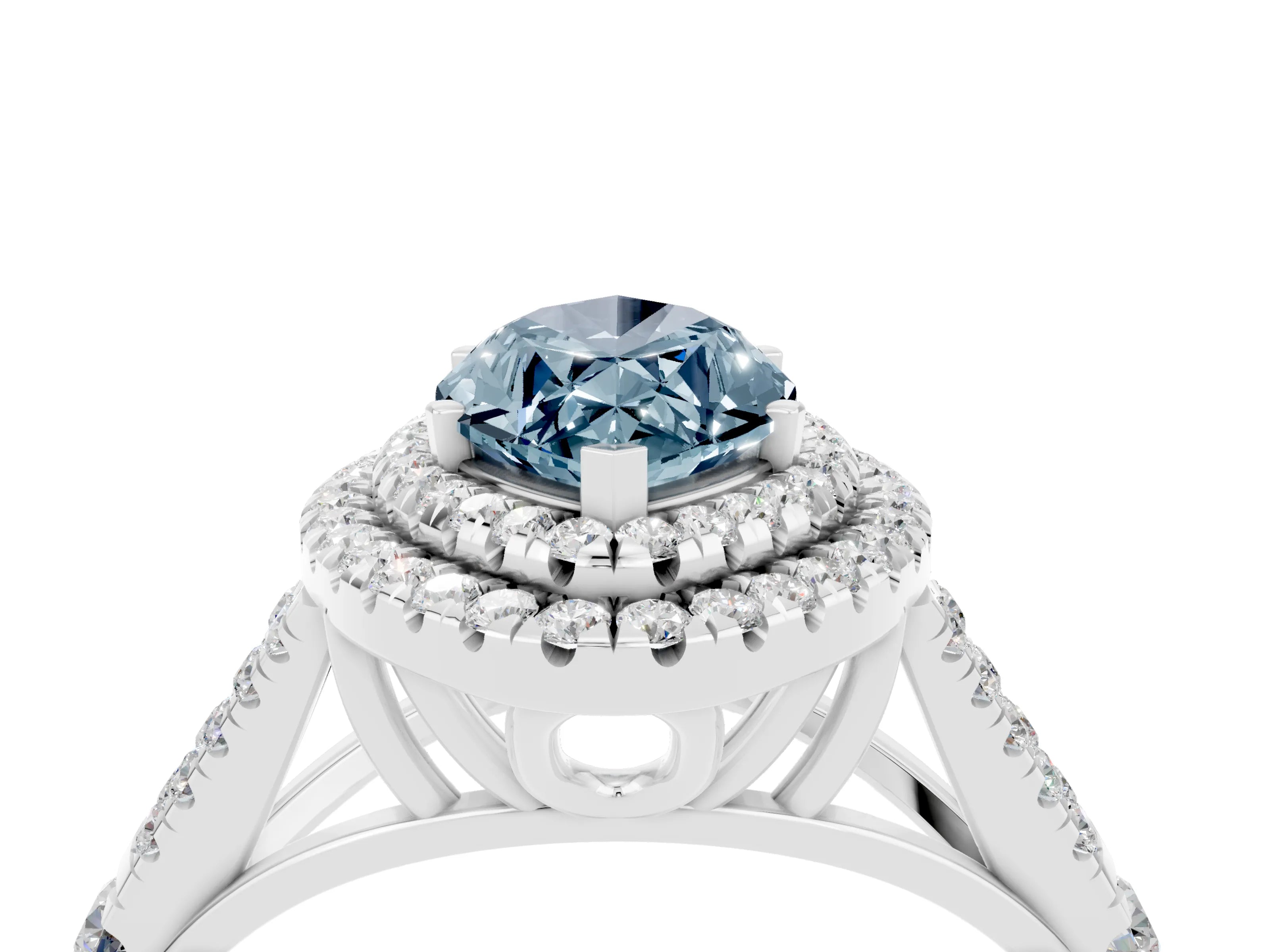White gold Marquise Cut Aquamarine Double Halo Ring with Split Shank and Prong Setting_14