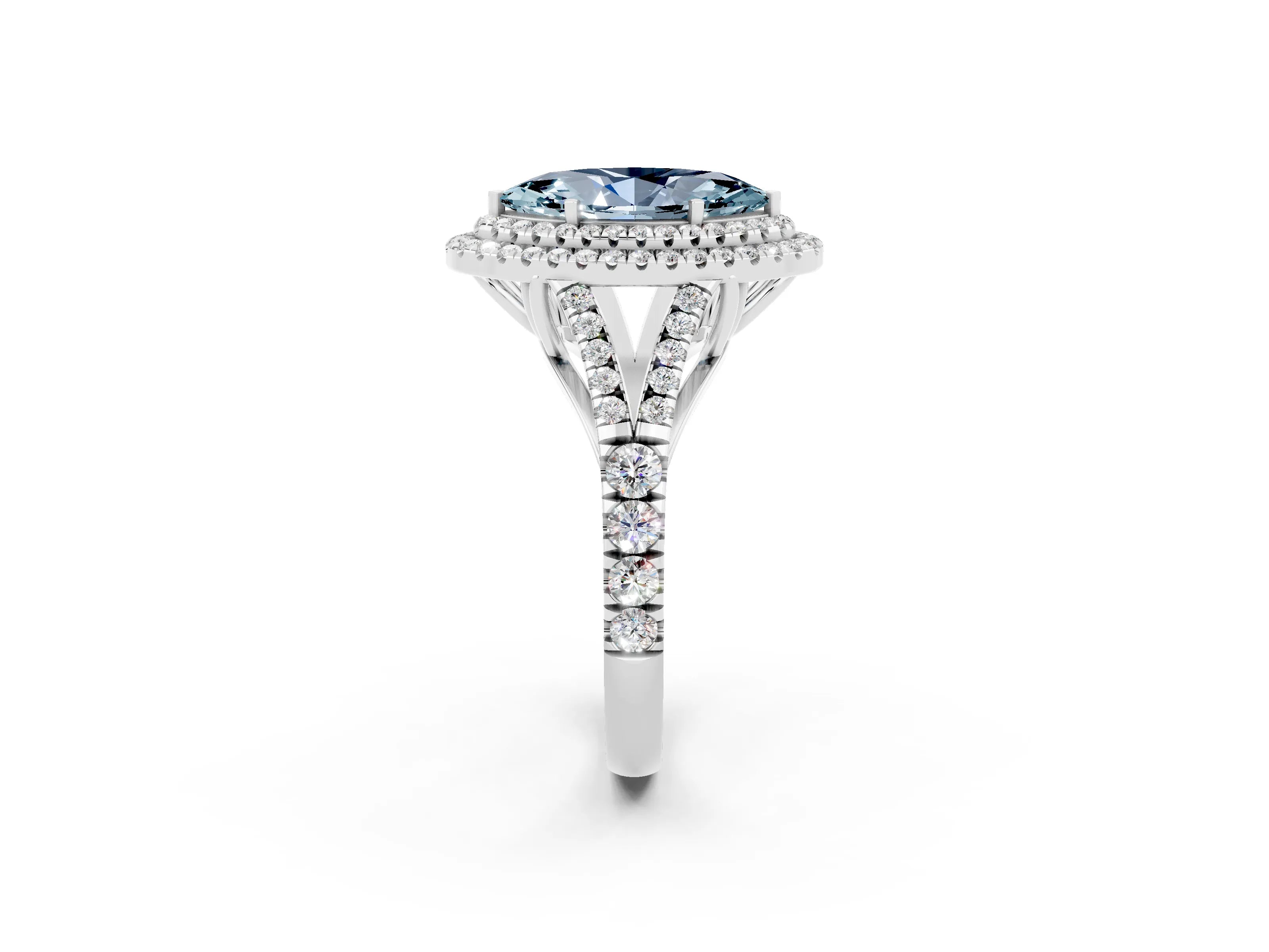 White gold Marquise Cut Aquamarine Double Halo Ring with Split Shank and Prong Setting_24