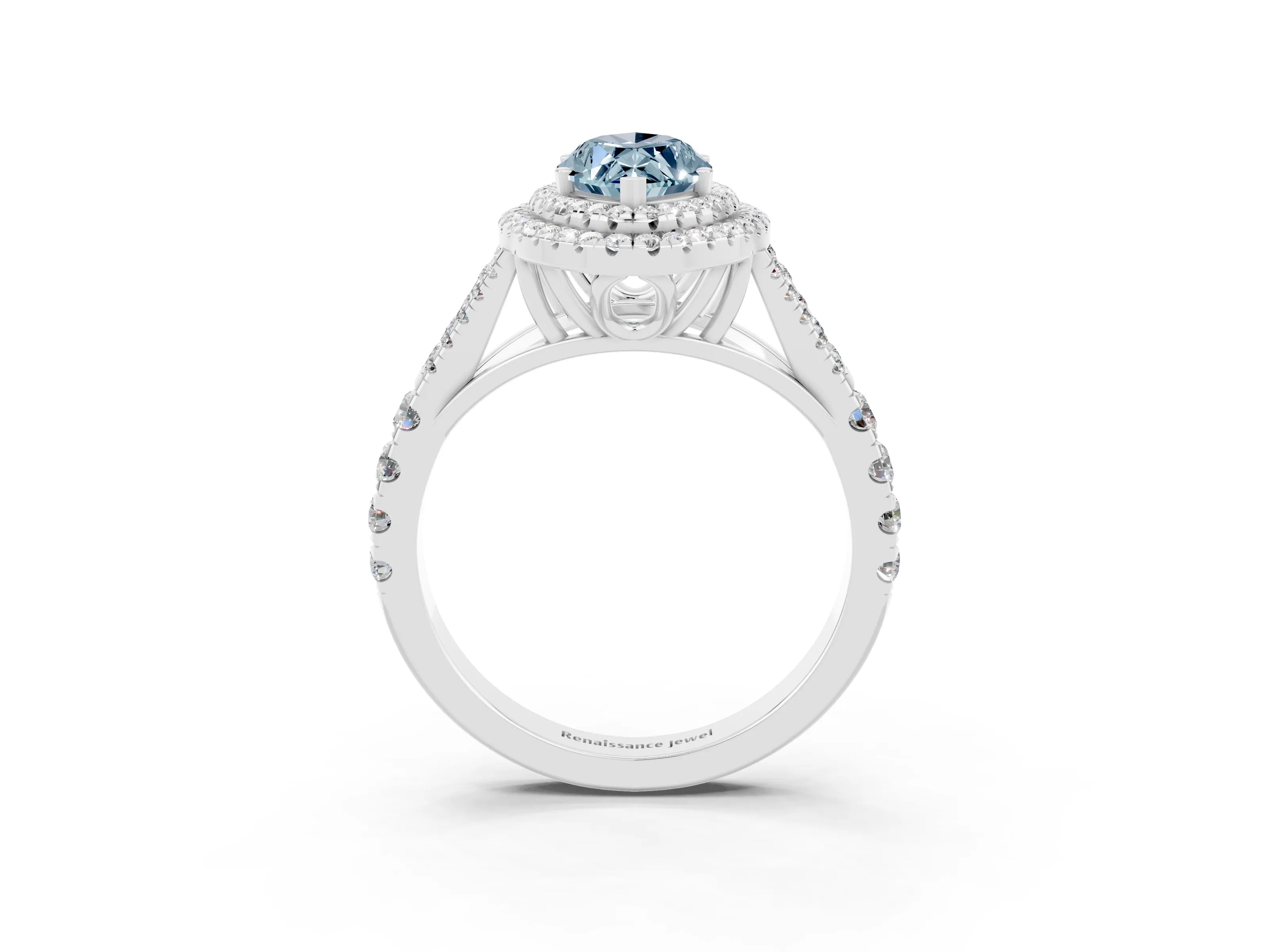 White gold Marquise Cut Aquamarine Double Halo Ring with Split Shank and Prong Setting_25