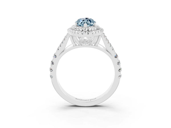 White gold Marquise Cut Aquamarine Double Halo Ring with Split Shank and Prong Setting