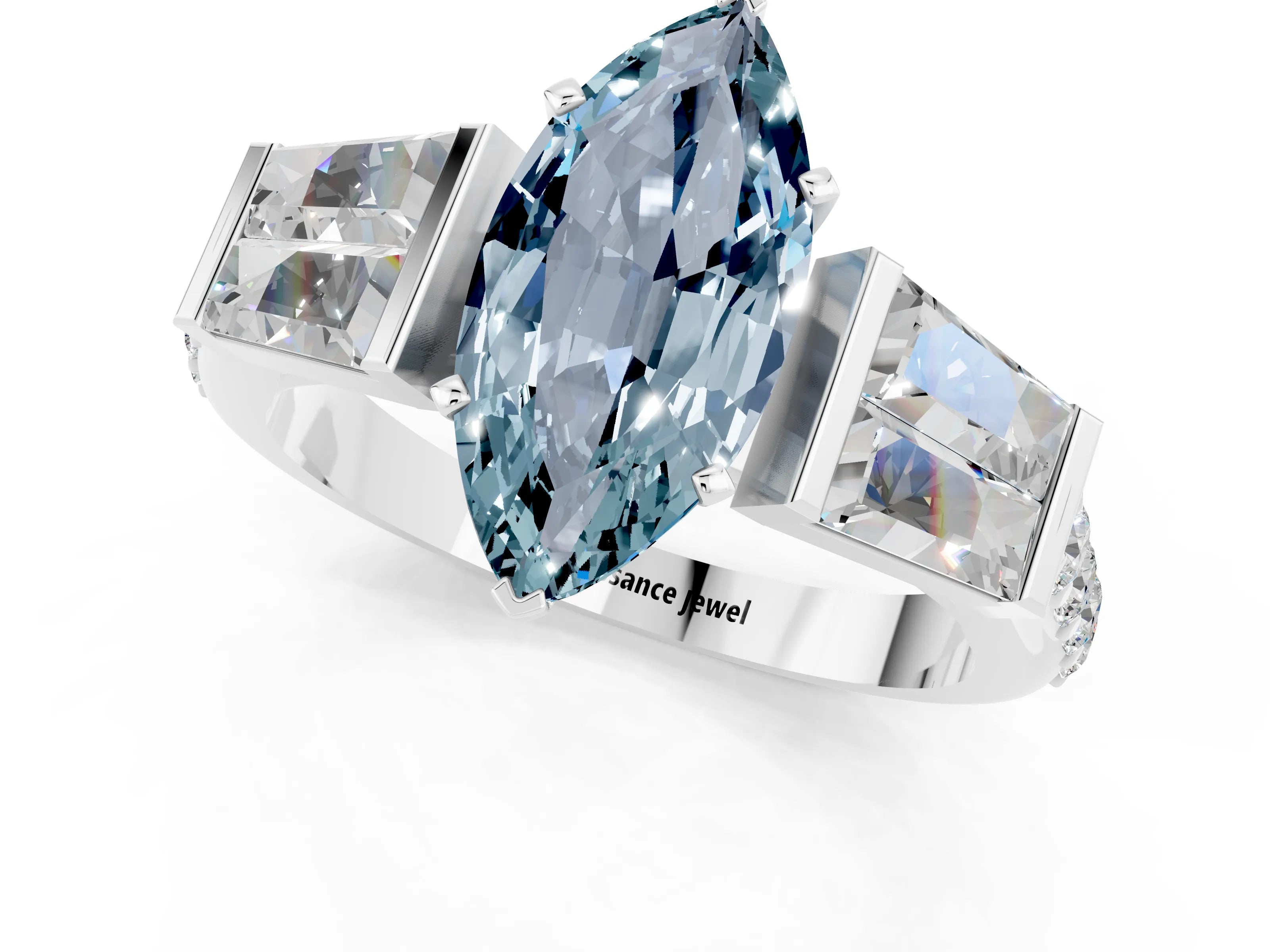 White gold Marquise Cut Aquamarine Engagement Ring with Baguette Side Stones and Channel Set Band_1