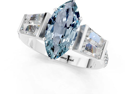 White gold Marquise Cut Aquamarine Engagement Ring with Baguette Side Stones and Channel Set Band_1