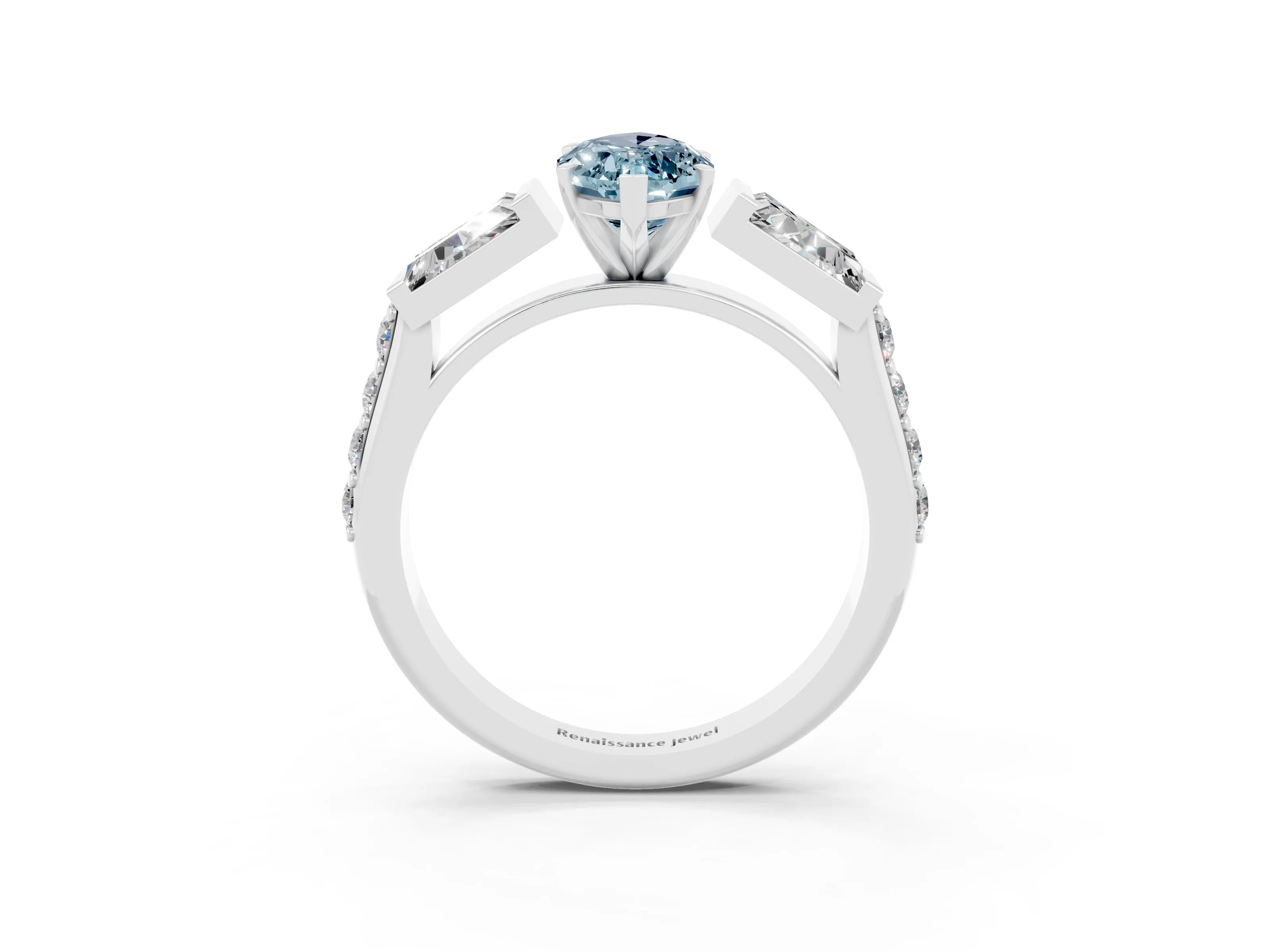 White gold Marquise Cut Aquamarine Engagement Ring with Baguette Side Stones and Channel Set Band_3