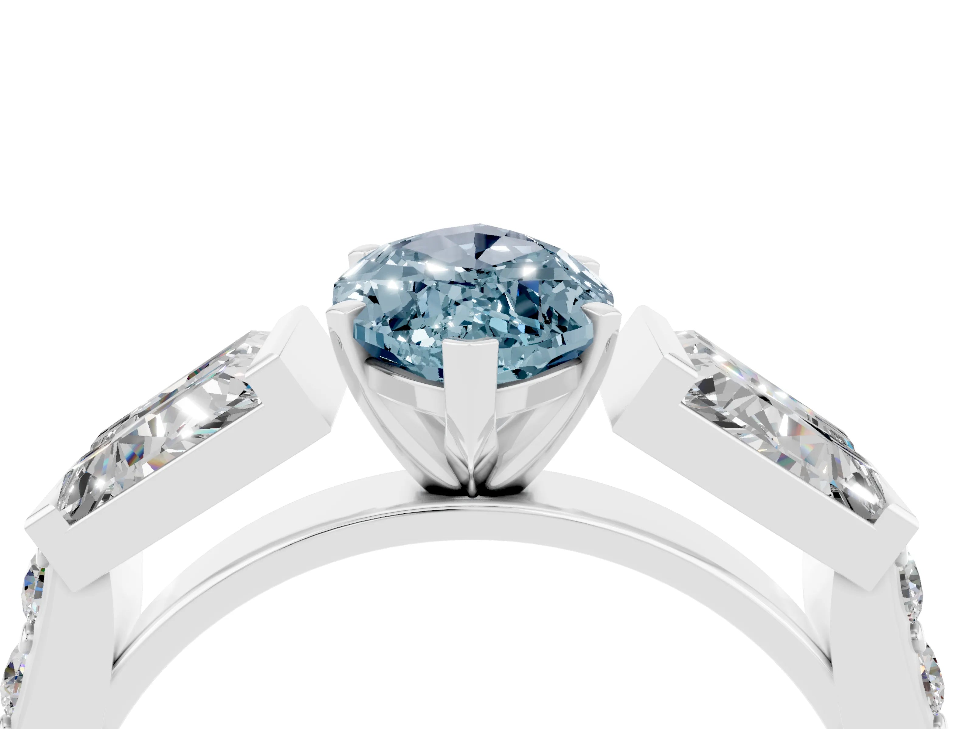 White gold Marquise Cut Aquamarine Engagement Ring with Baguette Side Stones and Channel Set Band_4