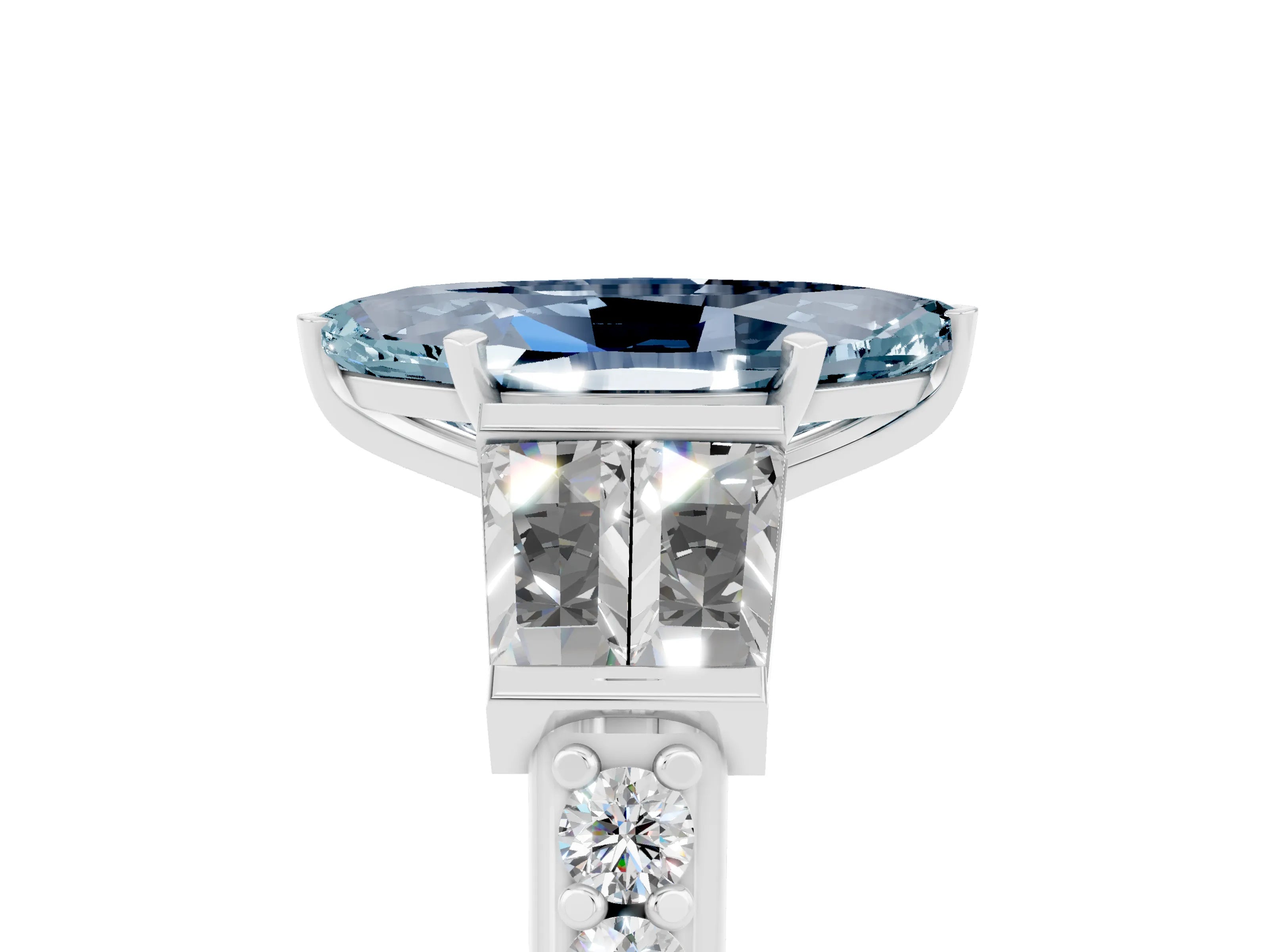 White gold Marquise Cut Aquamarine Engagement Ring with Baguette Side Stones and Channel Set Band_5
