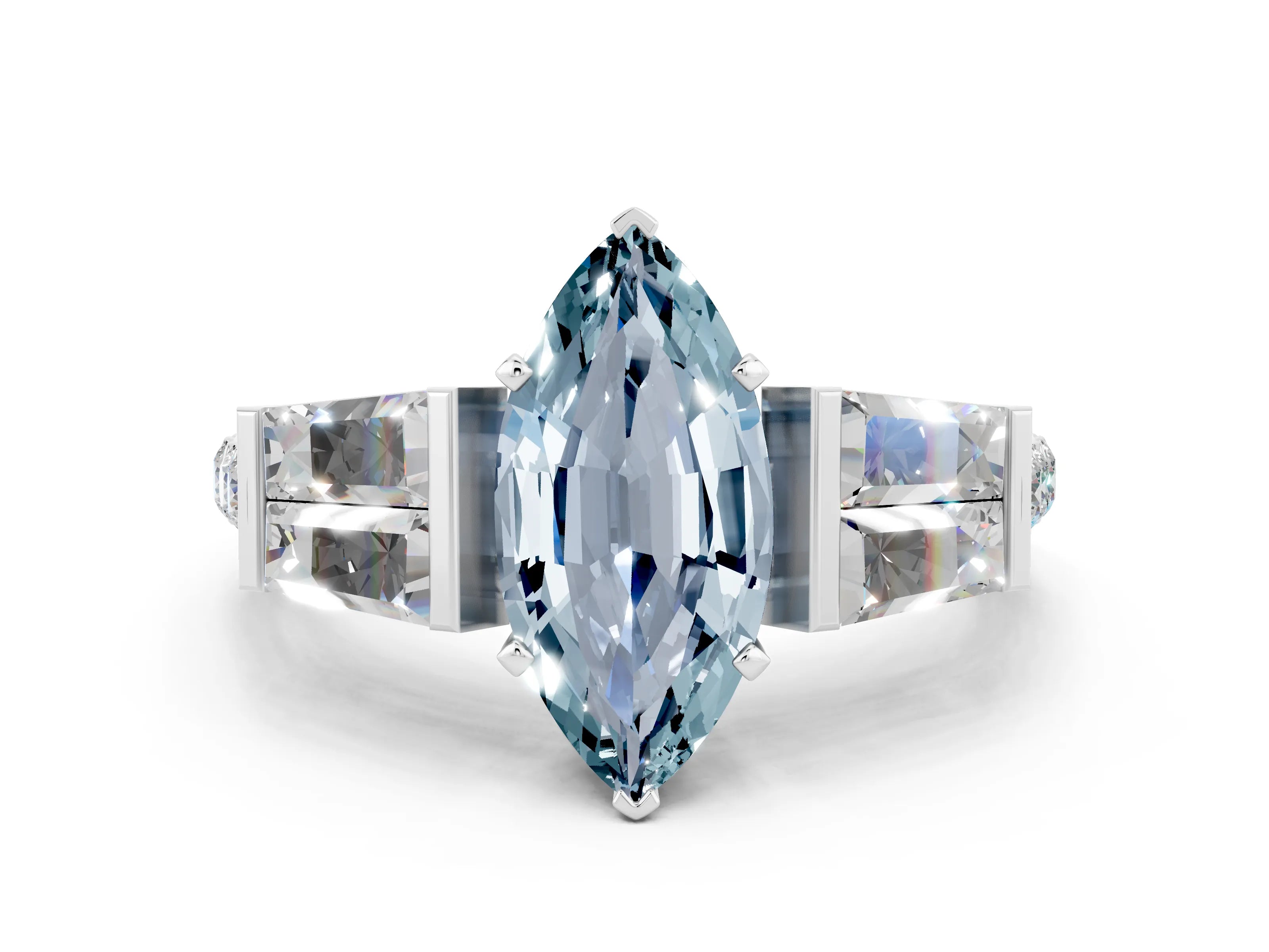 White gold Marquise Cut Aquamarine Engagement Ring with Baguette Side Stones and Channel Set Band