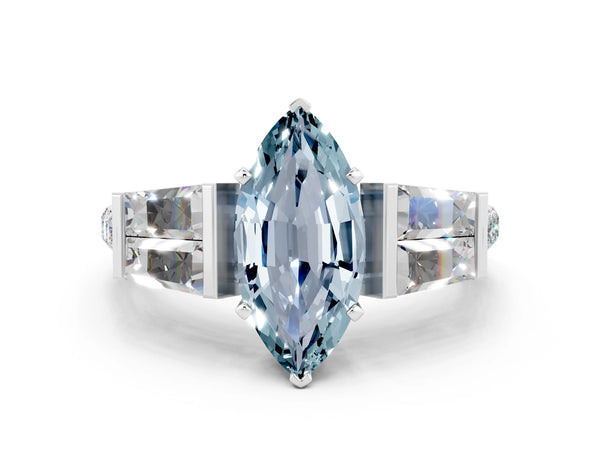 Silver Marquise Cut Aquamarine Engagement Ring with Baguette Side Stones and Channel Set Band