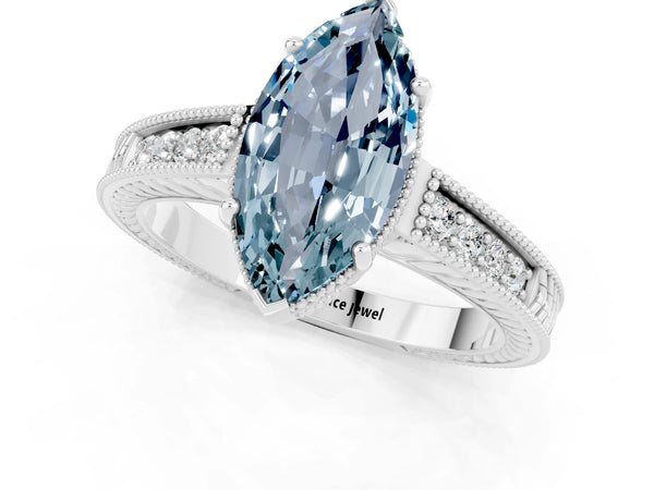 Platinum Marquise Cut Aquamarine Engagement Ring with Milgrain Channel Set Band and Prong Setting