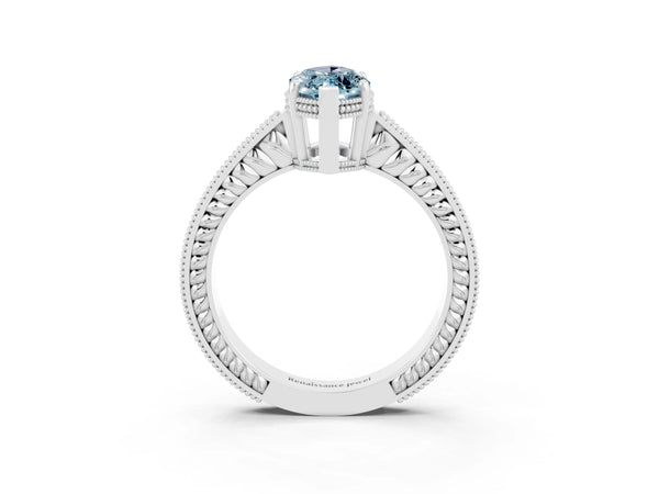 Silver Marquise Cut Aquamarine Engagement Ring with Milgrain Channel Set Band and Prong Setting