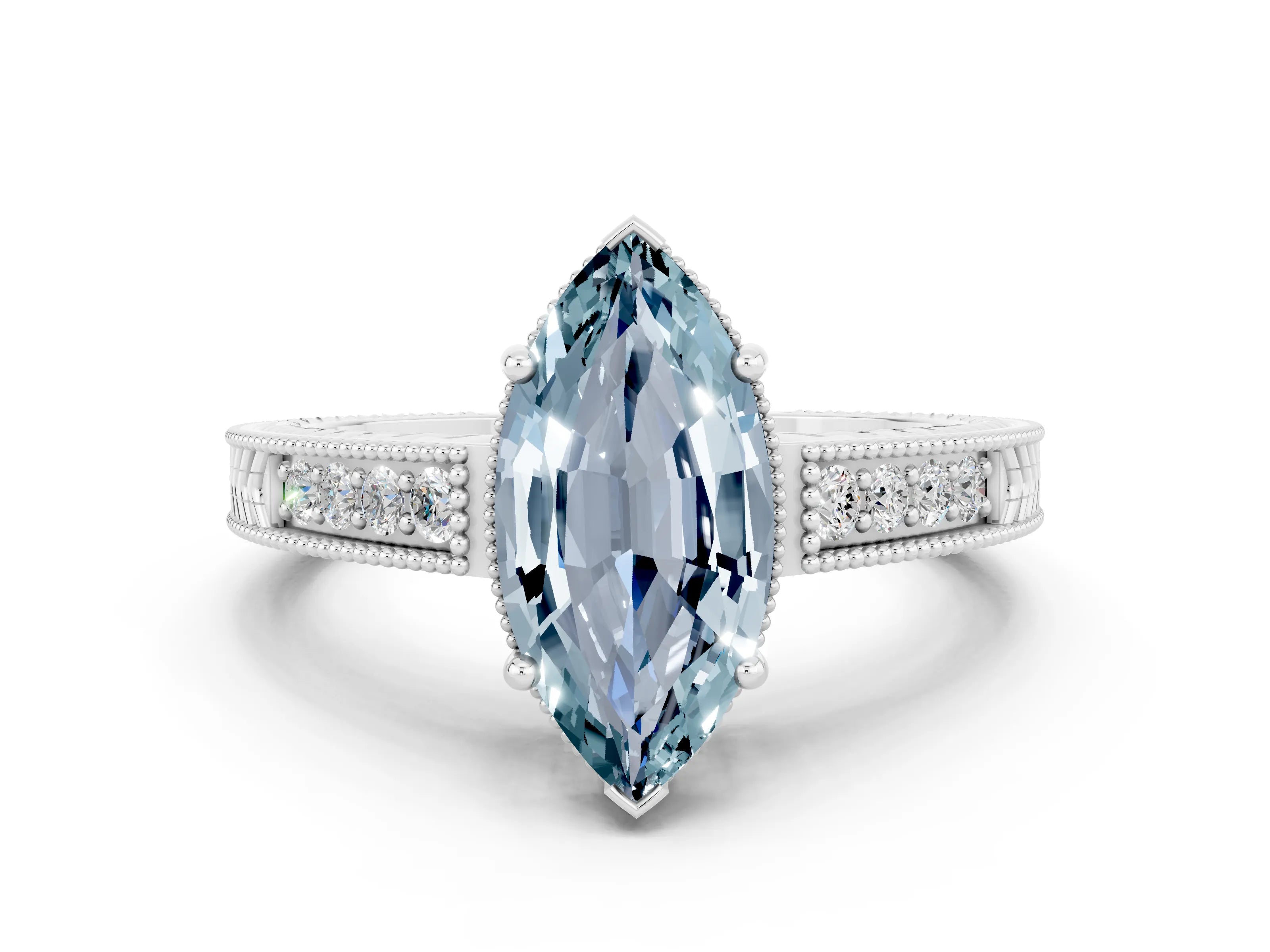 White gold Marquise Cut Aquamarine Engagement Ring with Milgrain Channel Set Band and Prong Setting
