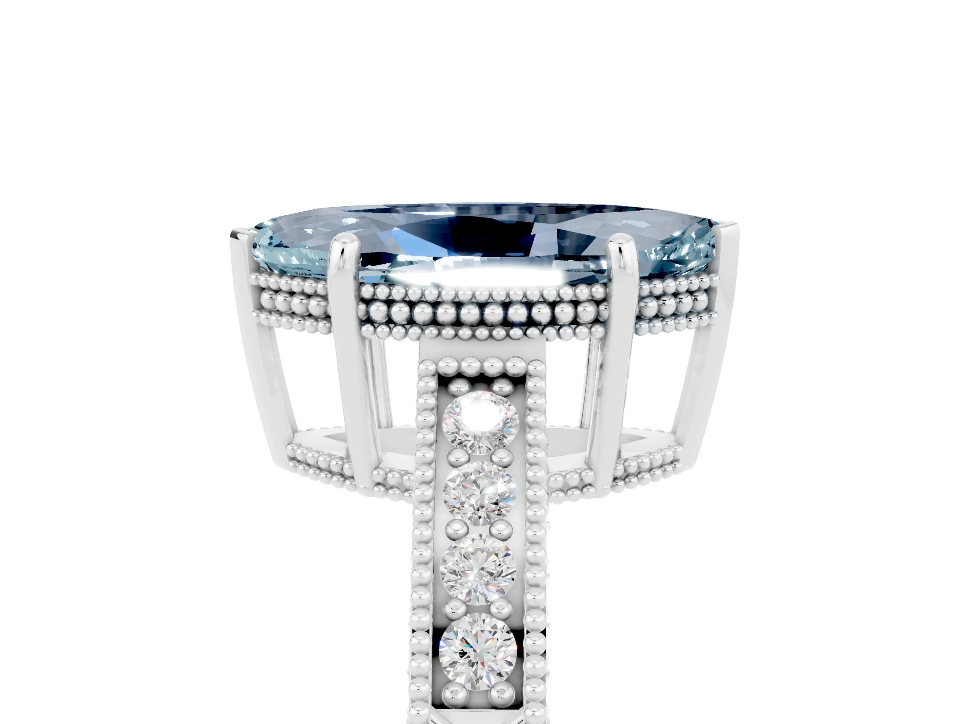 White gold Marquise Cut Aquamarine Engagement Ring with Milgrain Channel Set Band and Prong Setting_5