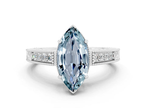 White gold Marquise Cut Aquamarine Engagement Ring with Milgrain Channel Set Band and Prong Setting