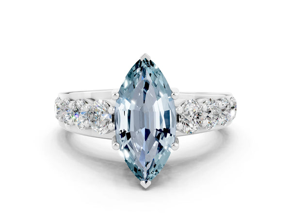 Platinum Marquise Cut Aquamarine Engagement Ring with Pavé Band and Four-Prong Setting