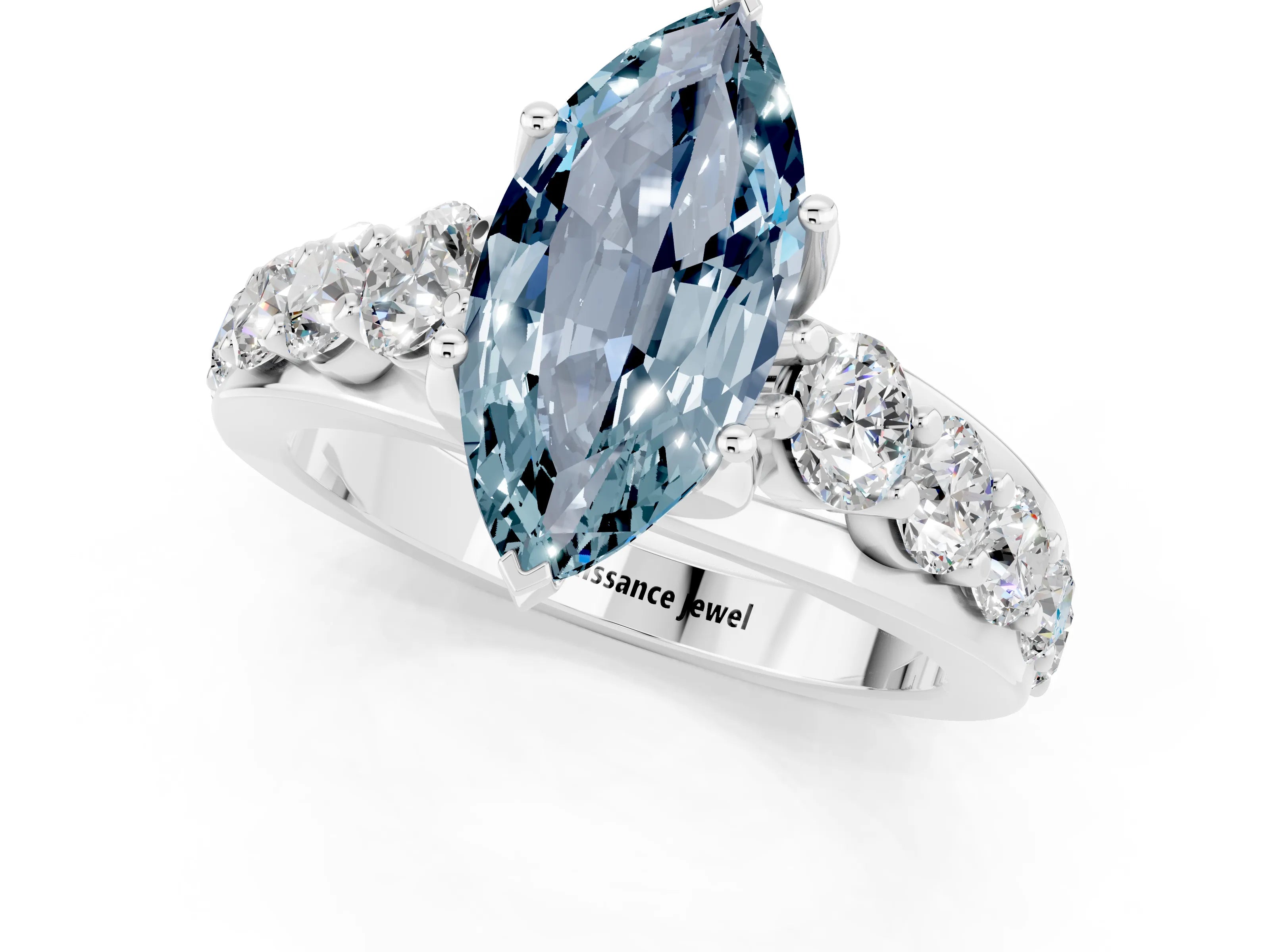 White gold Marquise Cut Aquamarine Engagement Ring with Pavé Band and Four-Prong Setting_1