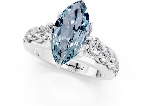 White gold Marquise Cut Aquamarine Engagement Ring with Pavé Band and Four-Prong Setting_1