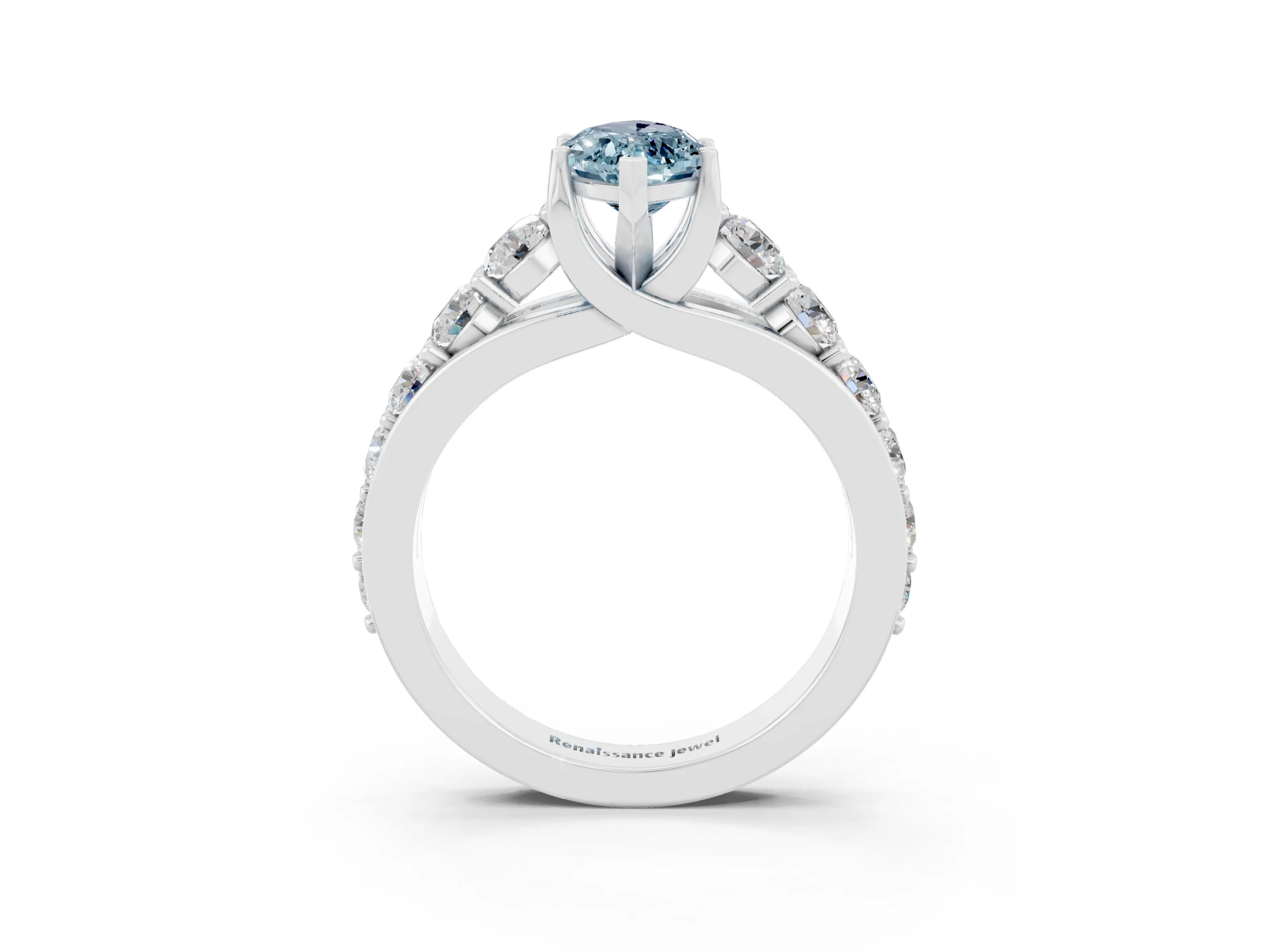White gold Marquise Cut Aquamarine Engagement Ring with Pavé Band and Four-Prong Setting_3