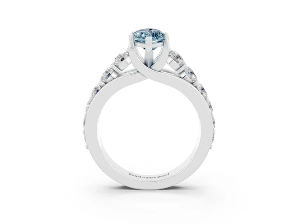 Platinum Marquise Cut Aquamarine Engagement Ring with Pavé Band and Four-Prong Setting