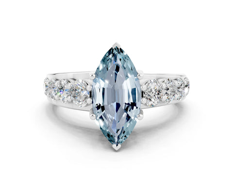White gold Marquise Cut Aquamarine Engagement Ring with Pavé Band and Four-Prong Setting
