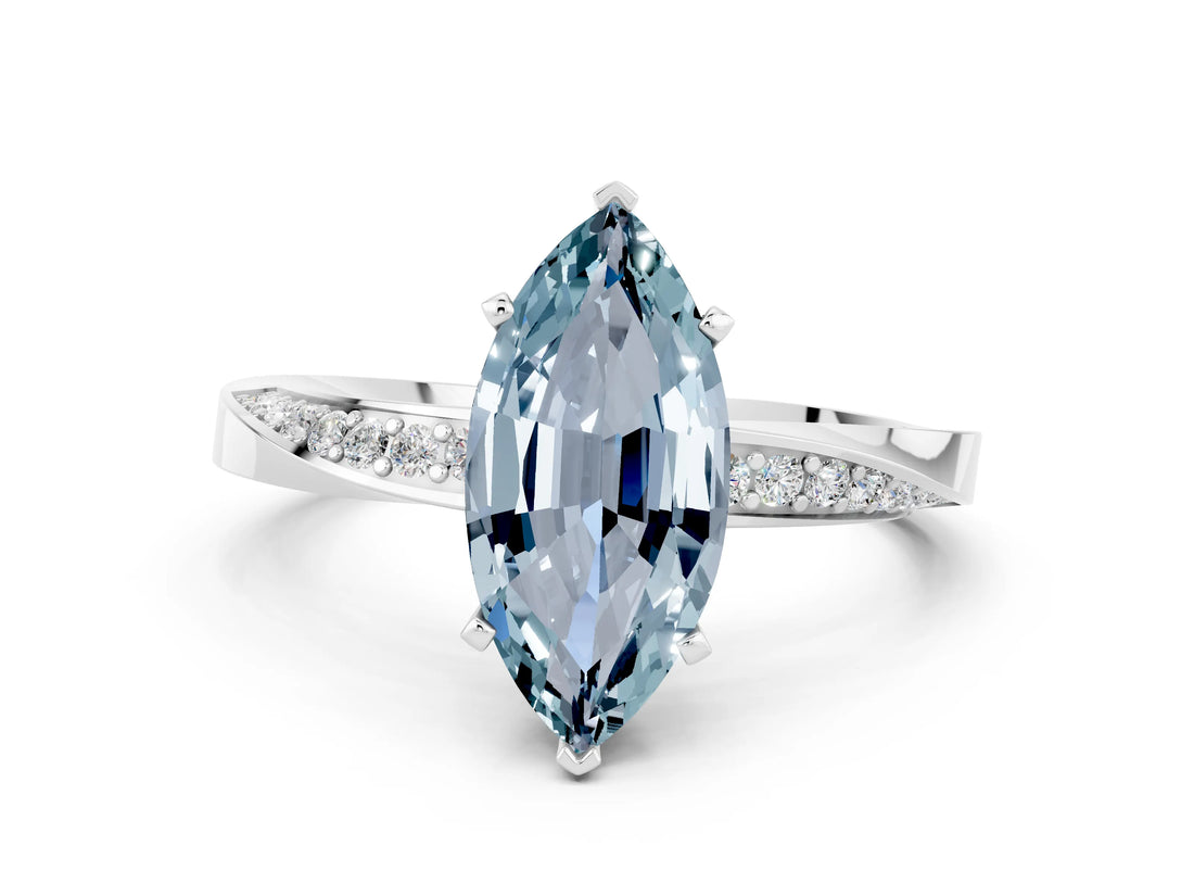 White gold Marquise Cut Aquamarine Engagement Ring with Side Stone Accents and Four-Prong Setting_84