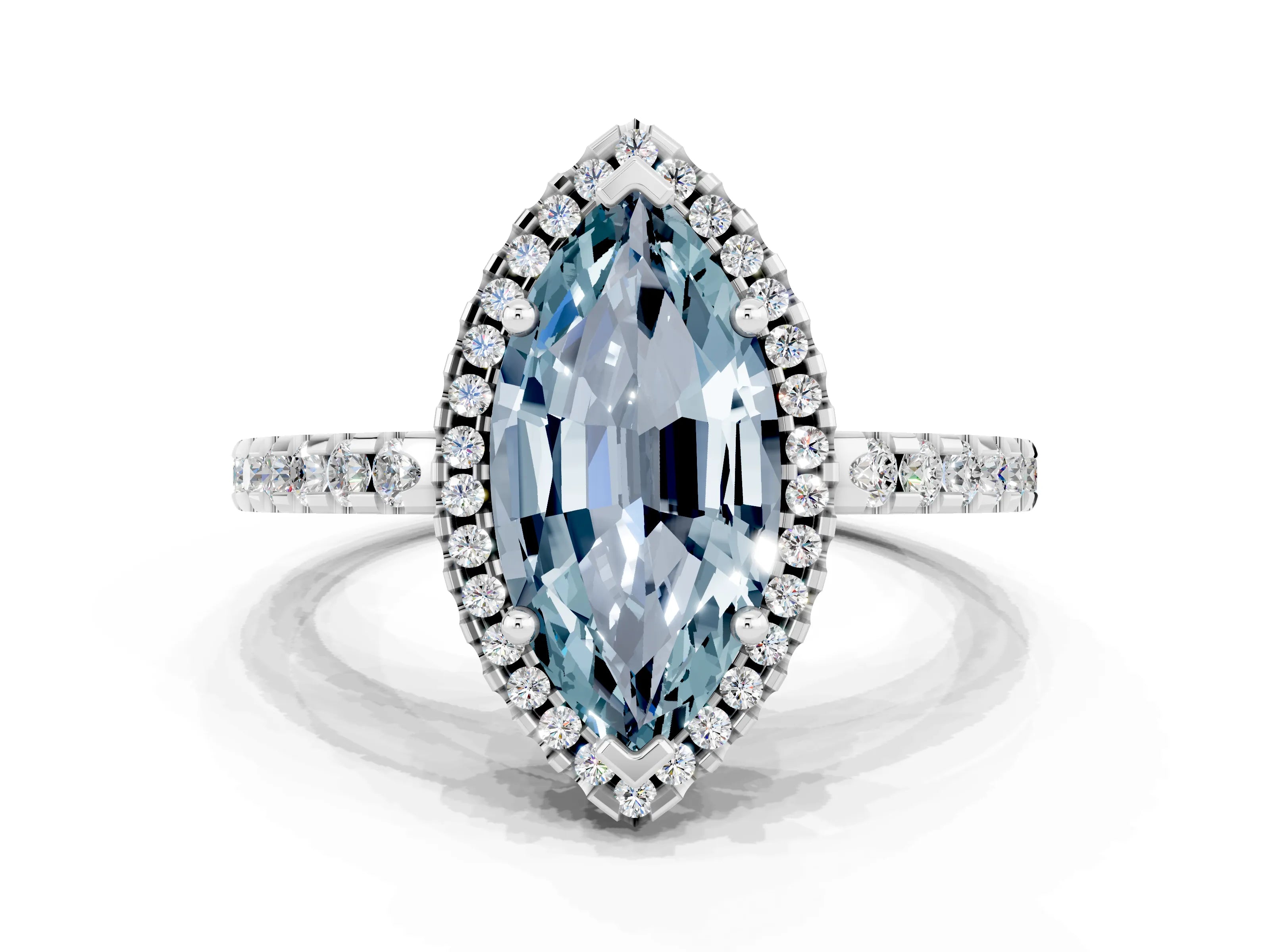 White gold Marquise Cut Aquamarine Halo Engagement Ring with Pavé Band and Prong Setting_12