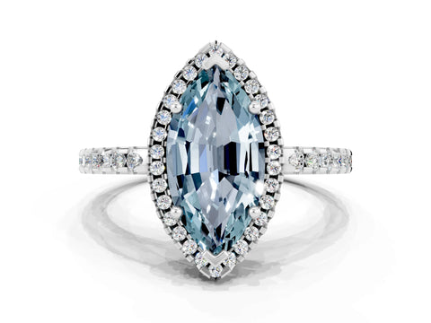 White gold Marquise Cut Aquamarine Halo Engagement Ring with Pavé Band and Prong Setting_12