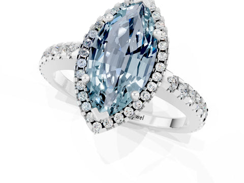 White gold Marquise Cut Aquamarine Halo Engagement Ring with Pavé Band and Prong Setting_13